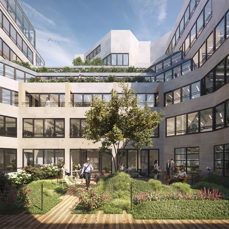 Perspectives 3D projet tertiaire et commerces Paris 